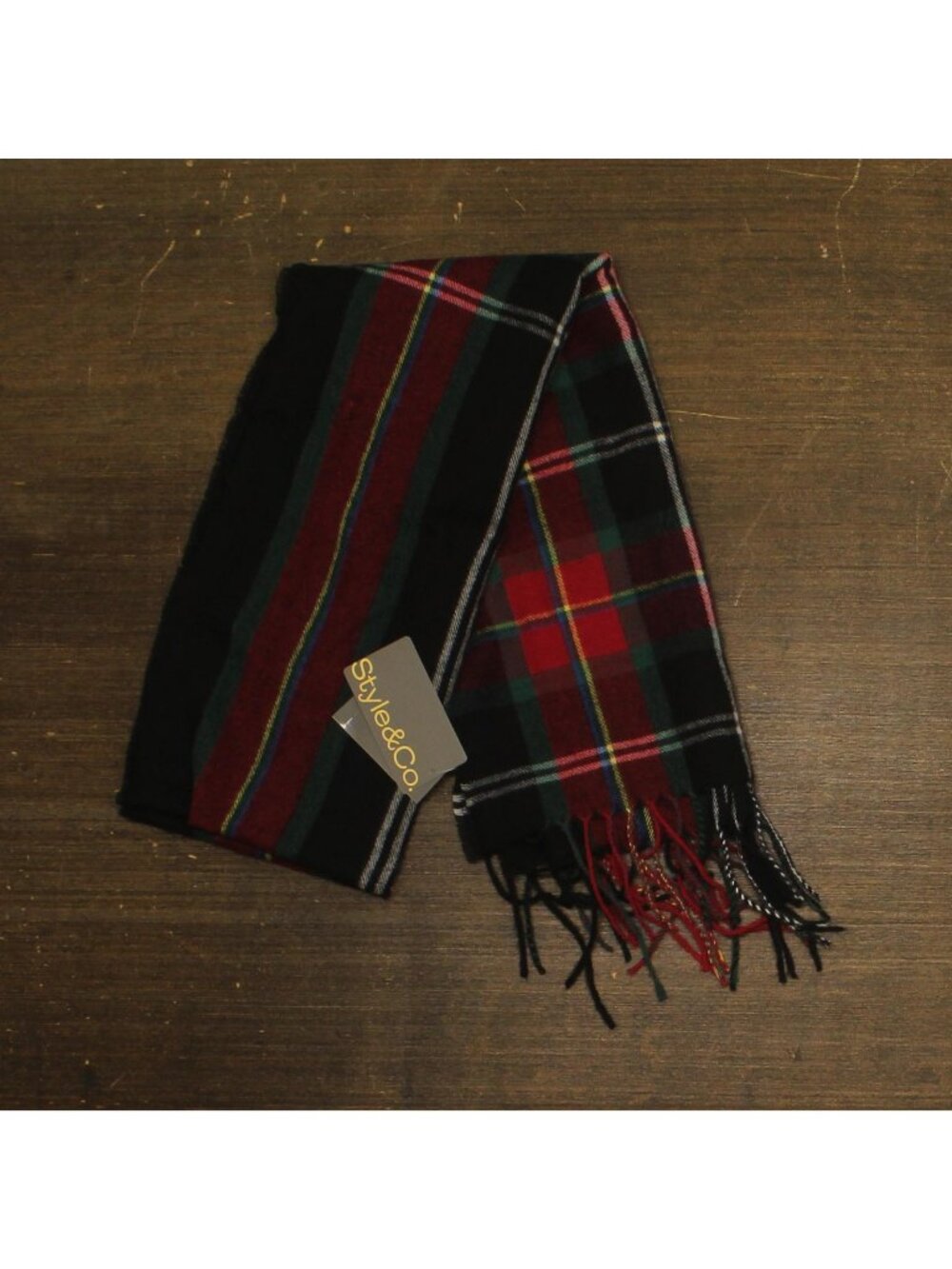 NWT Style & Co. Womens Tartan Plaid Scarf Fringe Rectangle Fuzzy Black Red Multi